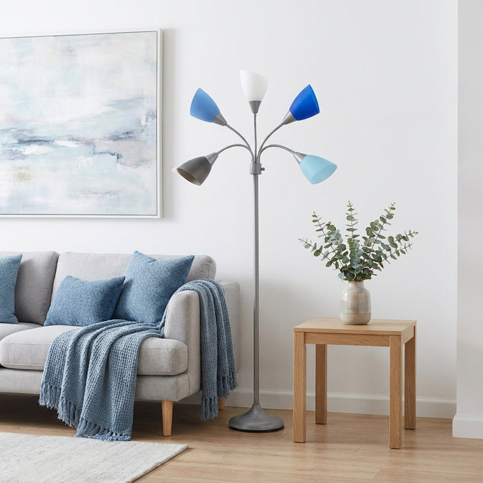 Skye Lampadaire a 5 lumieres avec cols de cygne reglables, Bleu multicolore, Blanc et Argent, 67 po H