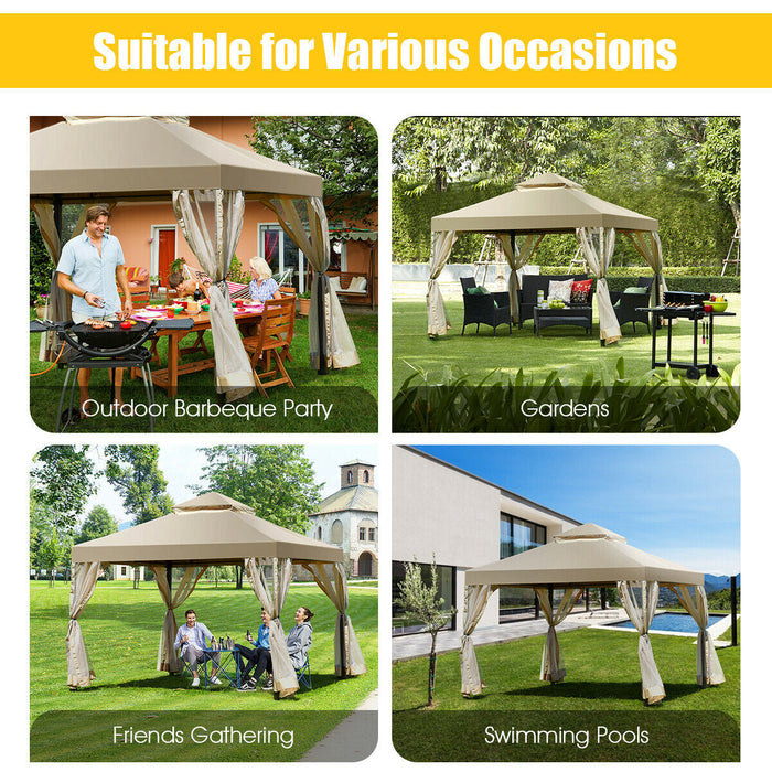 Costway 2-tier 10’x10’ Gazebo Abri Auvent Tente Patio Jardin Structure Sans Vis Brun