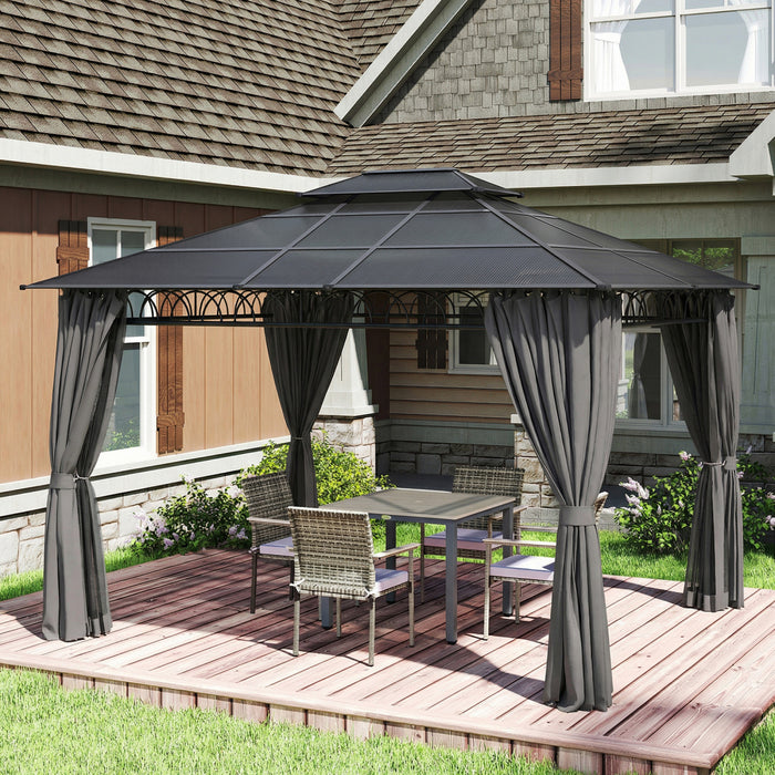 Outsunny Pavillon 3 x 3,6 m, Toit Rigide Double avec Rideaux, Noir