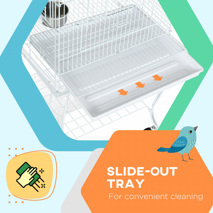 Pawhut Cage A Oiseaux A Dessus Ouvert De 60\" Pour Pinsons, Canaris, Perruches, Avec Support Roulant, Plateau Amovible, Etagere De Rangement