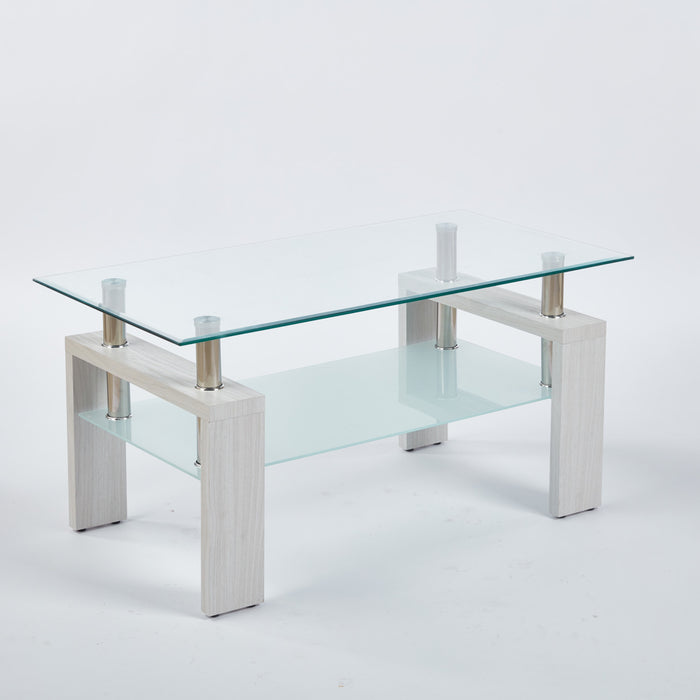 Table basse moderne Lucius au design geometrique en verre trempe avec cadre en metal et verre transparent, blanc