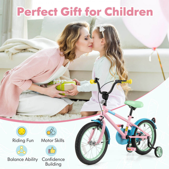 Costway 16\" Velo Pour Enfants Avec Guidon Reglable De Selle Roues D'entrainement Amovibles Frein A Main Rose