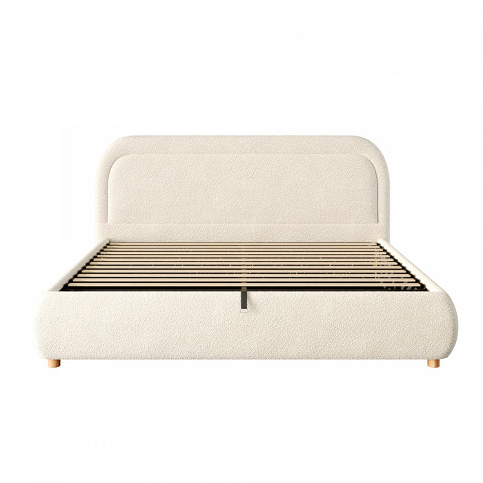 Lit plateforme Sophia avec rangement a levage hydraulique, revetement en boucle, taille king, beige
