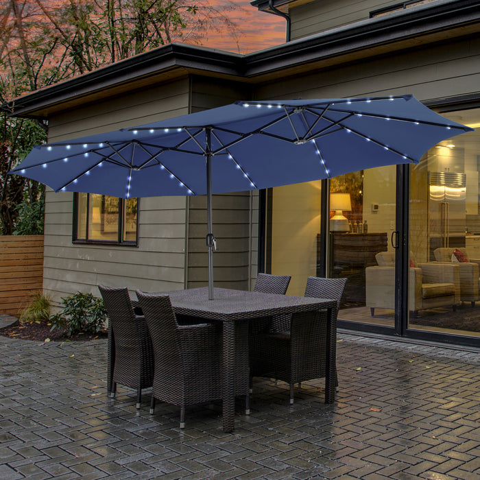 Costway Parasol double face jumeau 15FT pour patio avec 48 LED solaires a manivelle Navy