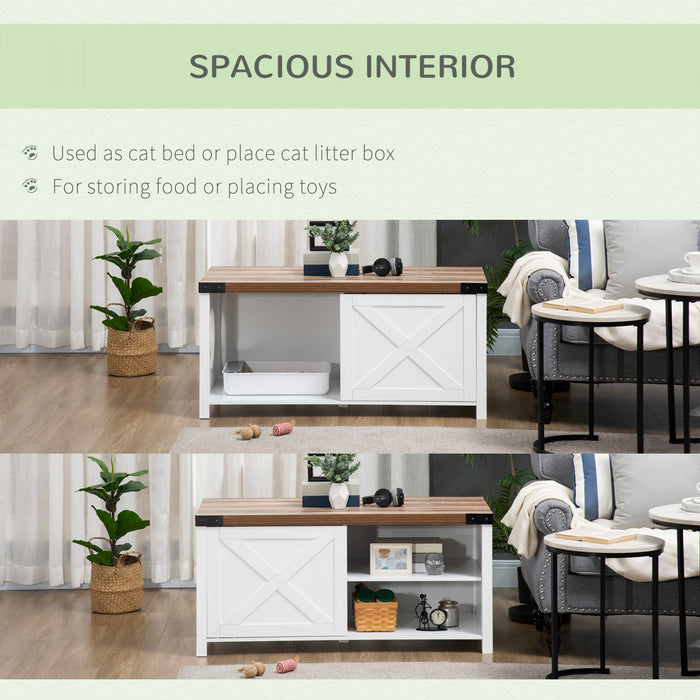 Pawhut Boite A Litiere Pour Chat Avec Porte Coulissante, Banc De Rangement De Toilettes Pour Chat Avec Trou, Table D'extremite Pour Maison D'interieur Pour Chat Avec Structure En Bois Solide, Blanc