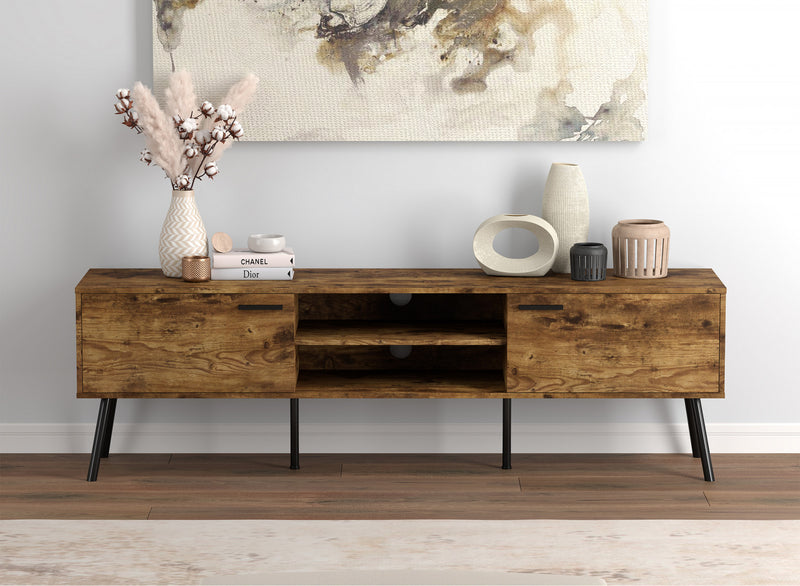 Meuble pour téléviseur durable de 71 po en bois avec 2 portes fermées et 2 tablettes - bois recyclé brun