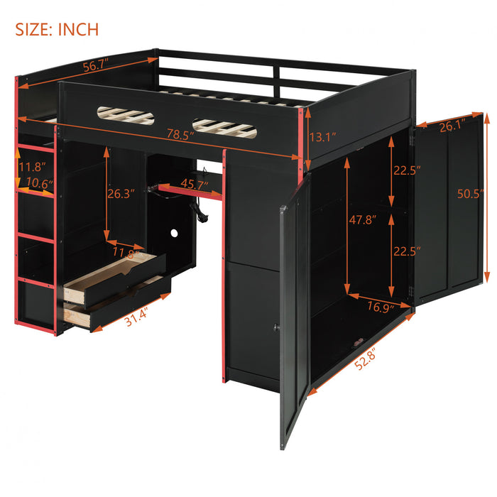 Jerry Lit mezzanine en bois avec bureau et rangement, Taille Double, Rouge