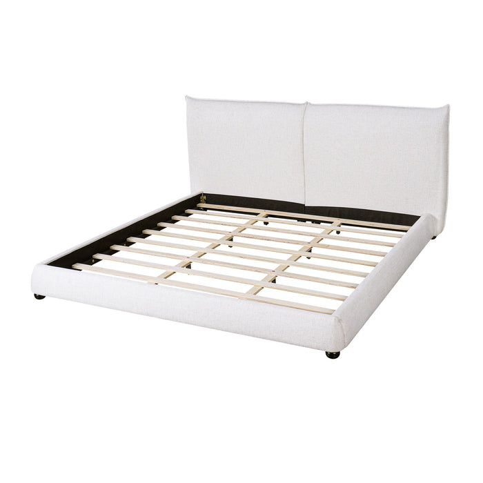 Lit plateforme Mason en tissu melange de lin avec tete de lit rembourree a coussins, taille king, blanc