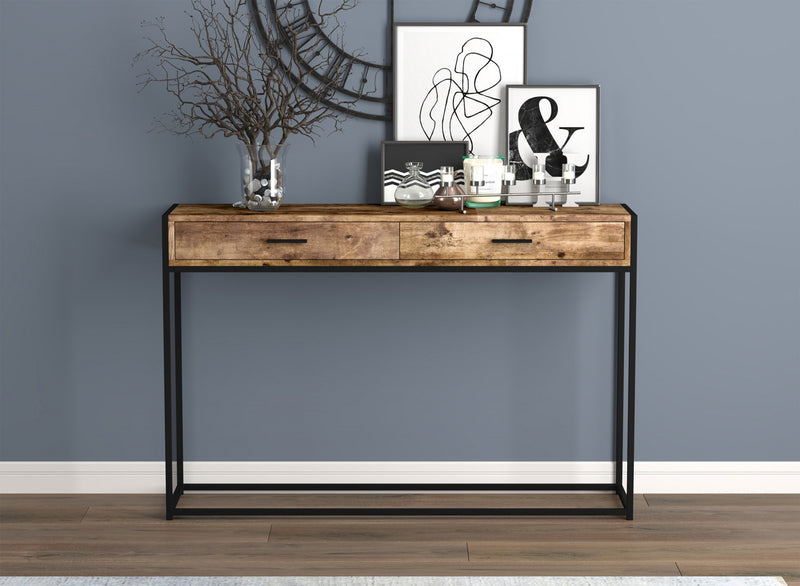 Console moderne de 48 po avec 2 tiroirs - bois recyclé brun avec métal noir