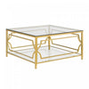 Gleam 33.5 Inch Square Tempered Glass Coffee Table with Geometric Gold Frame and Lower Shelf, Transparent | Gleam Table Basse Carree en Verre Trempe 33.5 po avec Cadre Geometrique Dore et Etagere Inferieure, Transparent