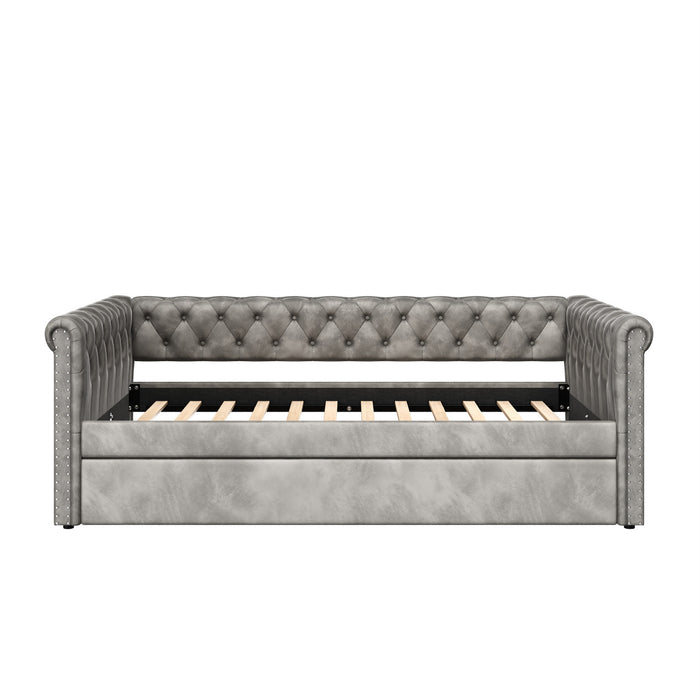 Le Daybed Sophia avec design capitonne, revetement en tissu, lit d'appoint avec trundle et dossier confortable, couleur grise