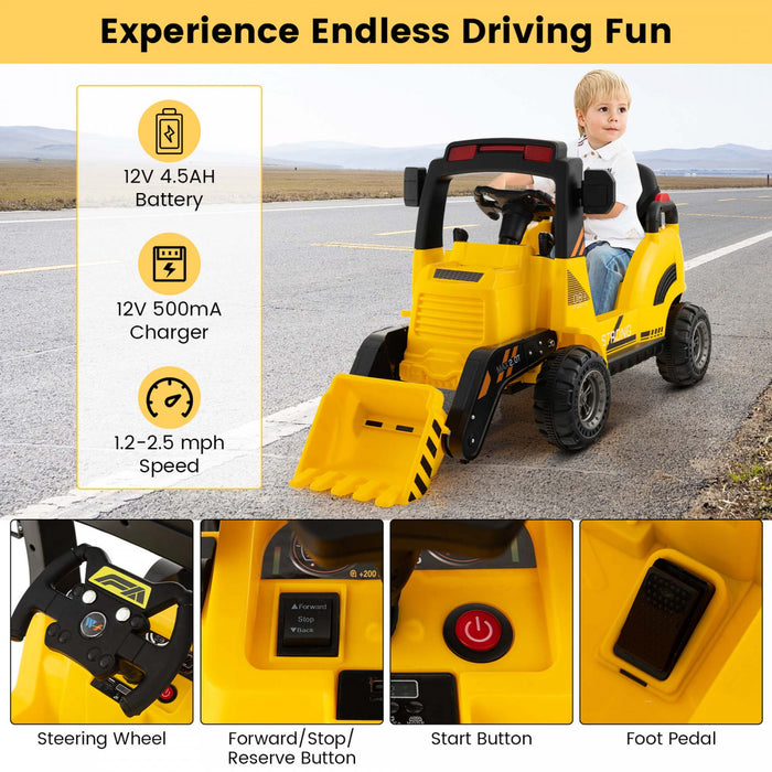 Costway 12v Enfants Rouler Sur Le Tracteur De Construction Avec Corne & Musique & Queue Led Lumieres Jaune
