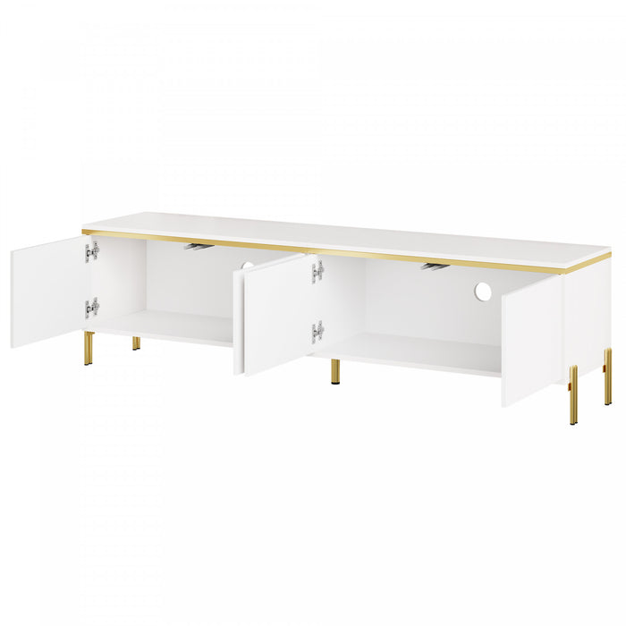 Croma Meuble TV Moderne Haute Brillance 67 po avec Gestion des Cables et Garniture Doree, Blanc