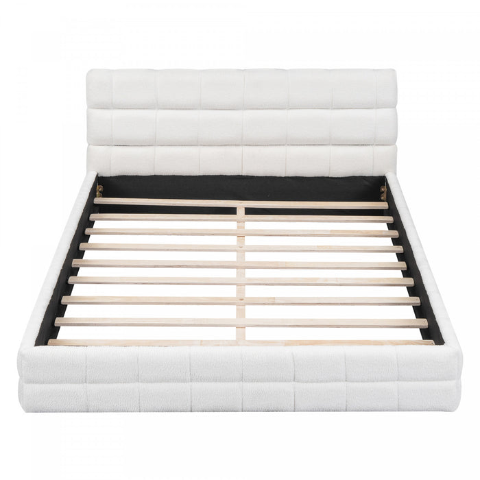 Lit plateforme moderne Emma rembourre avec structure en bois massif confortable, taille queen, blanc