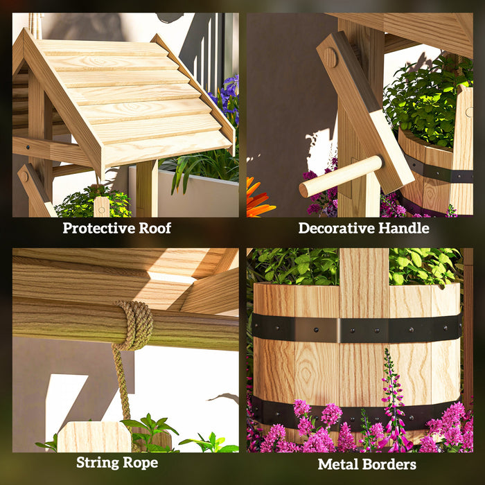 Outsunny Puits a Souhaits Exterieur en Bois avec Seau Suspendu, Naturel