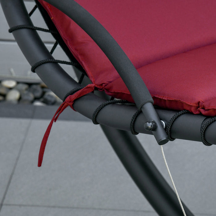 Outsunny Chaise Flottante Chaise De Balancoire De Porche D'exterieur Hamac Suspendu Siege Inclinable Avec Support En Arc Et Parasol A Auvent Rouge Vin