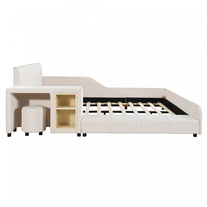 Lit Lily en velours rembourre avec bureau et tabouret, taille Full, beige