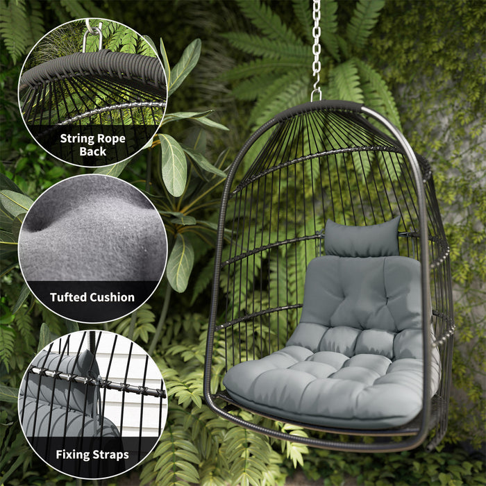 Fauteuil œuf suspendu Outsunny, fauteuil de jardin pliable en rotin, gris fonce