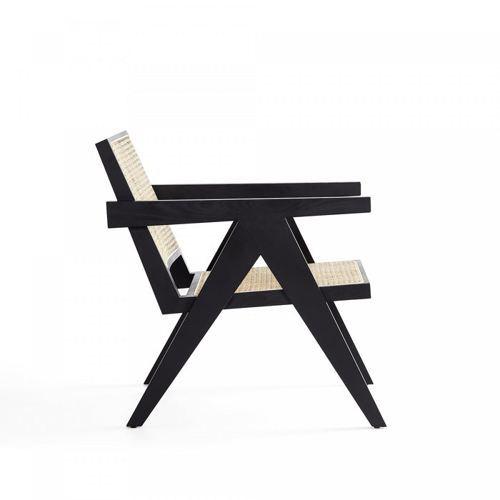 Fauteuil d’appoint industriel chic Hamlet avec dossier en cannage, bois noir et naturel – Lot de 2