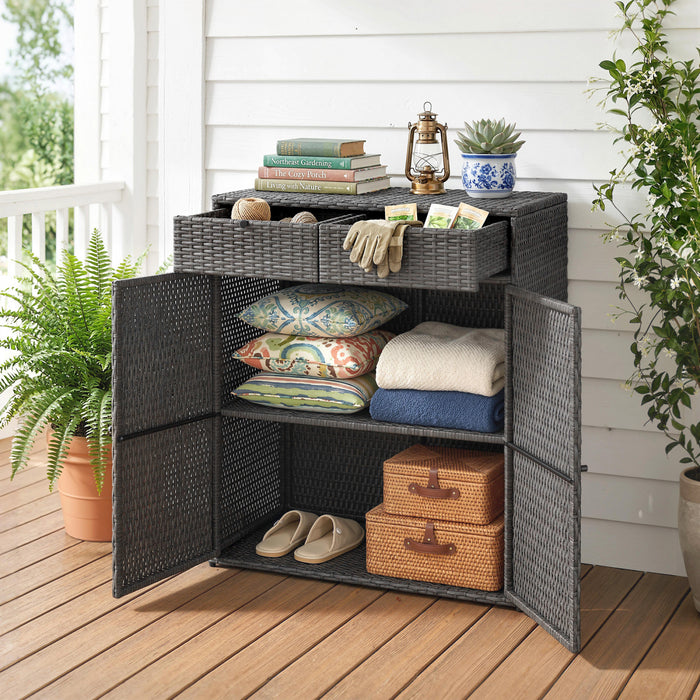 Meuble de rangement exterieur en rotin Outsunny avec 2 tiroirs et etageres, Gris fonce