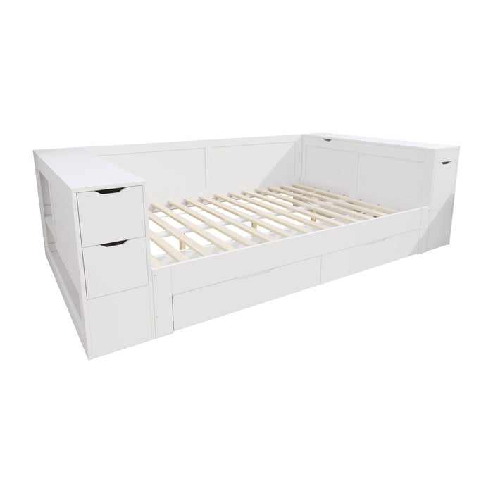 Banquette-lit Mason avec tete de lit de rangement et cadre de lit multifonctionnel avec rangement, taille full, blanc