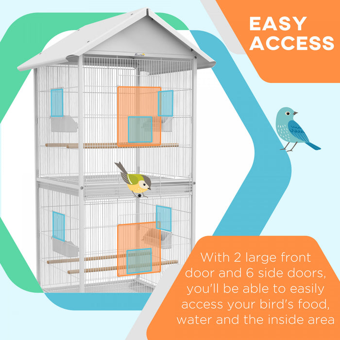 Pawhut Mangeoire Cage A Oiseaux En Metal Forge Avec Support Roulant Perchoirs Contenants Alimentaires Portes Roues 67\" H, Blanc