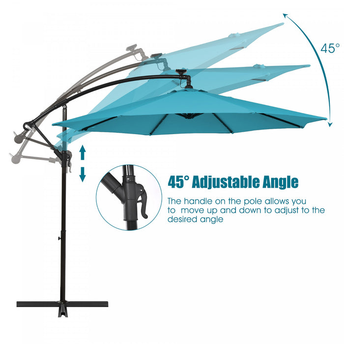 Costway Parasol deporte solaire LED de 10 pieds avec manivelle, 40 lumieres, base turquoise