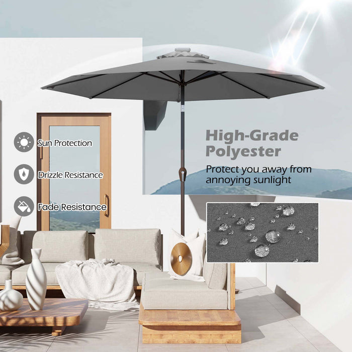 Parasol solaire Costway 10 pieds avec LED, parasol de marche inclinable en acier avec manivelle, exterieur gris