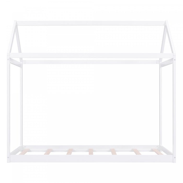 Lit De Maison En Bois Massif Au Design Facile A Nettoyer Avec Cadre De Toit, Taille Simple, Blanc