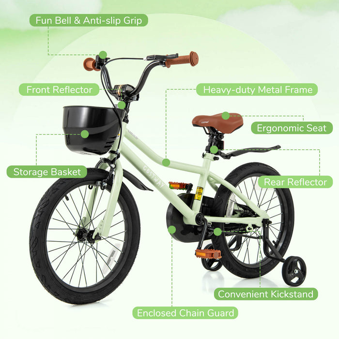 Costway 18\" Velo Pour Enfants Avec Roues D'entrainement Guidon Reglable Et Frein A Main Du Siege Vert