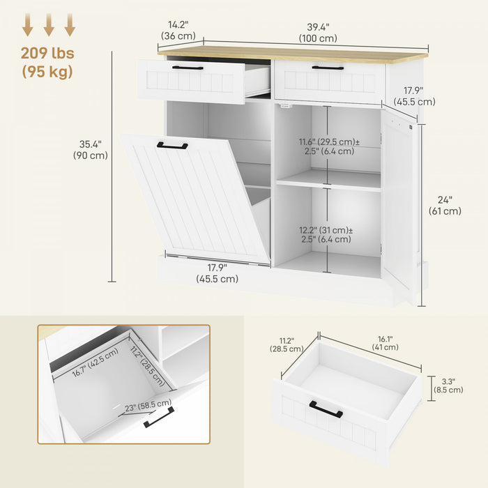 HOMCOM Poubelle inclinable, ilot de cuisine avec 2 tiroirs, blanc