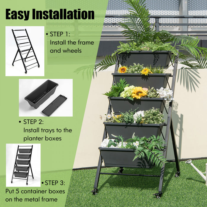 Costway 5-tier Vertical Raised Garden Bed Elevated Planter Avec Roues Et Boites A Conteneurs