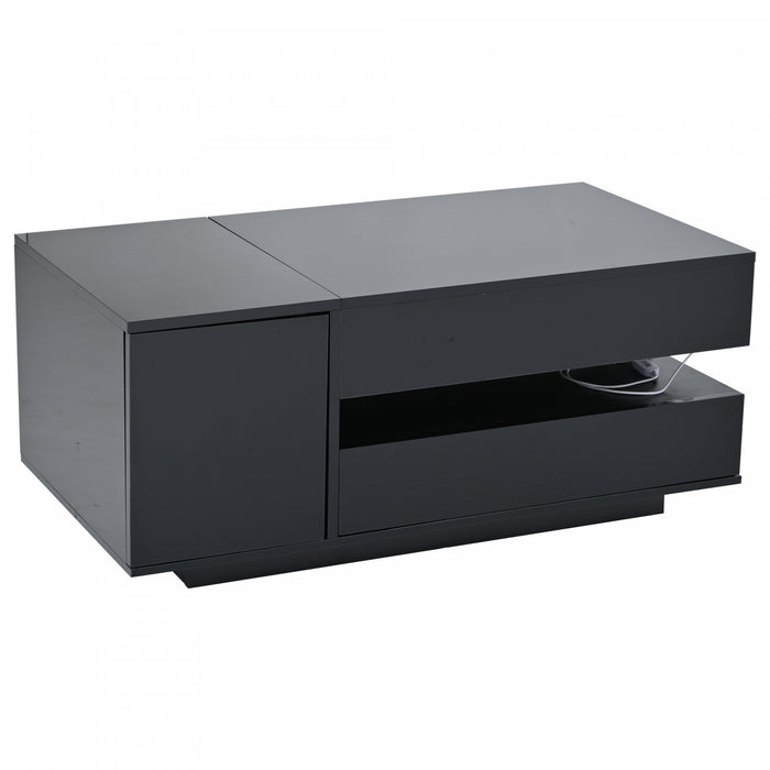 Oliver table basse reglable en hauteur – table avec tiroir, placard de rangement et eclairage LED, noir