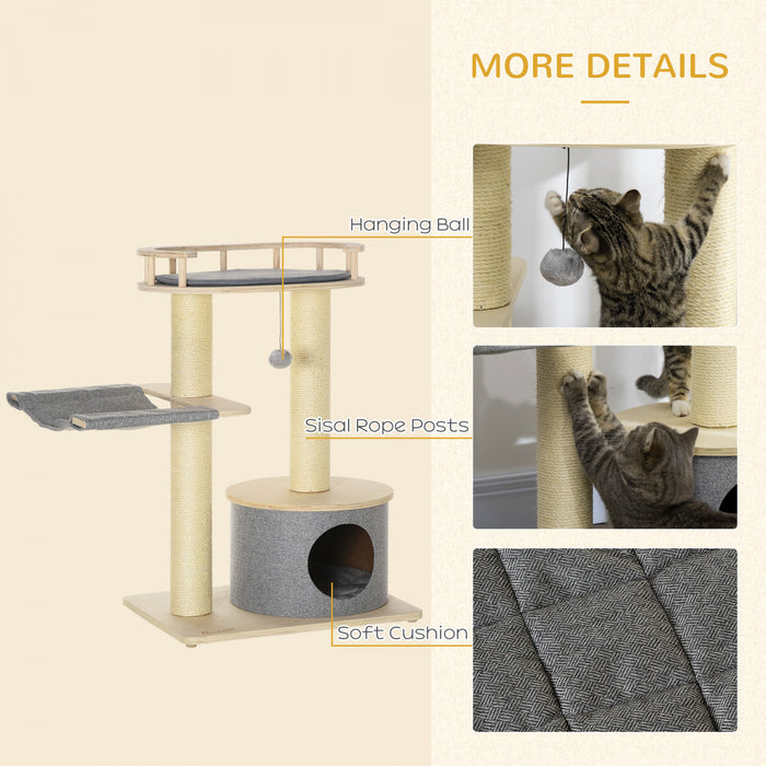 Pawhut 35\" arbre A Chat, Centre D'activites Pour Chat, Jouet D'escalade De Chat En Bois, Tour De Chat Avec Lit Hamac Condo Coussin Lavable Suspension Boule Jouet Griffoir, Neutre