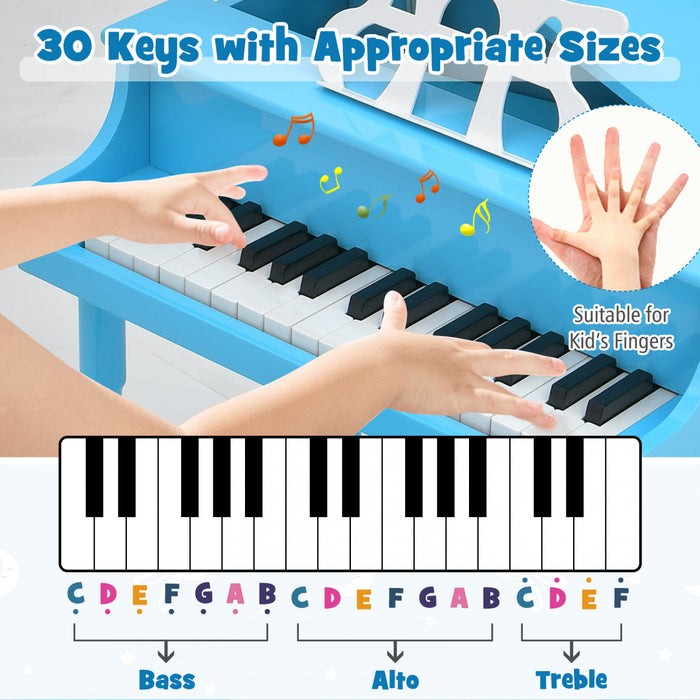 Costway Piano a Queue Classique Bebe 30 Touches, Jouet en Bois pour Bout de Chou avec Banc et Porte-Partition - Bleu