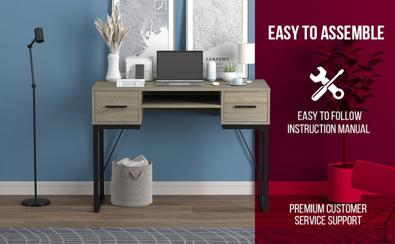 Bureau d’ordinateur de 43 po avec 2 tiroirs et 1 tablette - taupe foncé avec base en métal noir