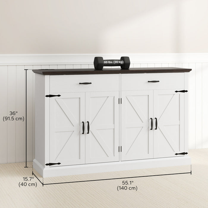HOMCOM Buffet de style fermier 55\" avec 4 portes de grange, blanc
