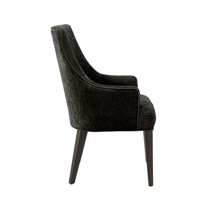 Fauteuil moderne Beever en chenille avec accoudoirs en bois, coloris noir