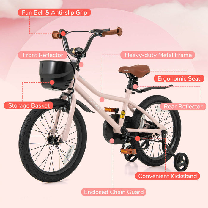 Costway 18\" Velo Pour Enfants Avec Roues D'entrainement Guidon Reglable Et Frein A Main De Siege Rose