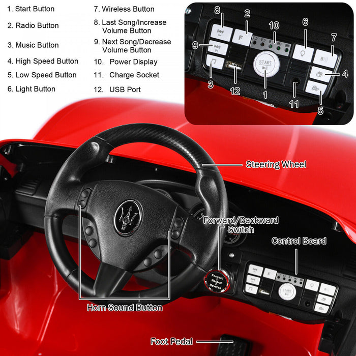 12v Enfants Ride On Car Maserati Grancabrio Sous Licence Avec Telecommande Et Musique Rouge