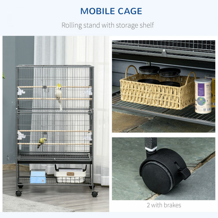 Pawhut Grande Cage A Oiseaux En Acier De 52'' Avec Support Roulant, Etagere De Rangement, Perchoir En Bois, Contenant A Nourriture, Gris Fonce