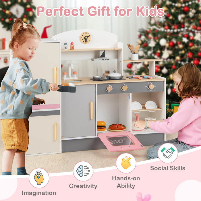Ensemble De Cuisine De Chef Pour Enfants, Cuisine De Jeu D'imitation Avec Hotte, Refrigerateur, Robinet Et Evier, Barbecue, Four, Ensemble De Cuisine En Bois Moderne Pour Les Tout-petits De 3 Ans Et Plus