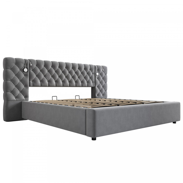 Lit de luxe rembourre en velours doux Malcolm avec tete de lit capitonnee en diamant et lampes de lecture, taille King, gris