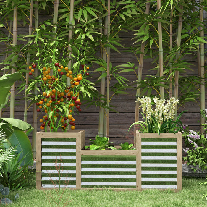 Outsunny Lit De Jardin Sureleve Avec 3 Jardinieres Pour Plantes D'exterieur, Metal Galvanise Renforce De Bois, Reservoirs De Stockage Pour La Culture De Fleurs, D'herbes Et De Legumes.