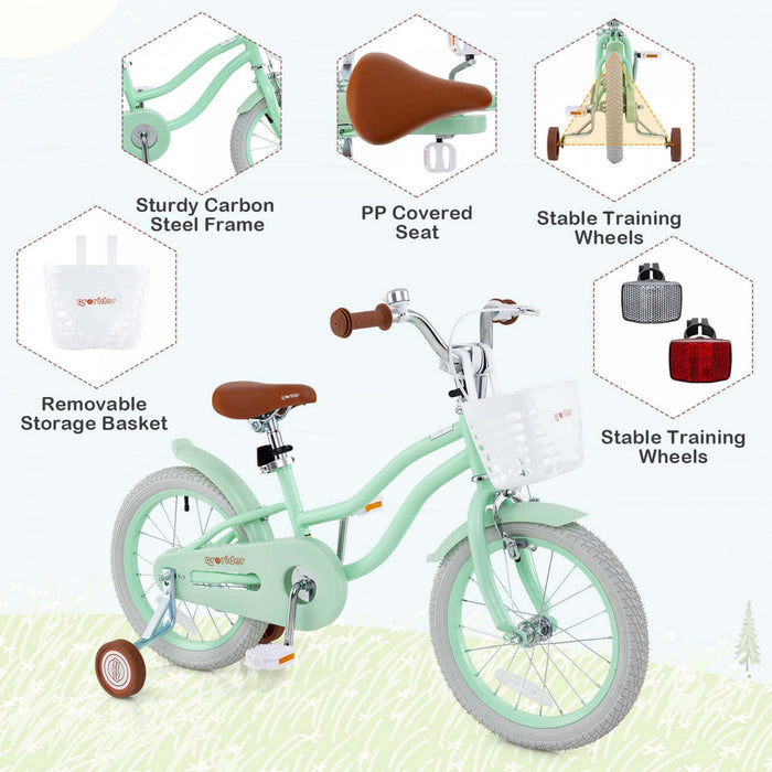 Prorider 16\" Enfants Velo Tout-petit Velo Reglable Avec Roue D'entrainement Pour 4-7 Ans Fille Vert