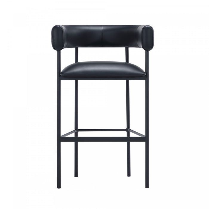 Tabouret de bar contemporain Onda en cuir vegetalien et metal, rembourre, noir