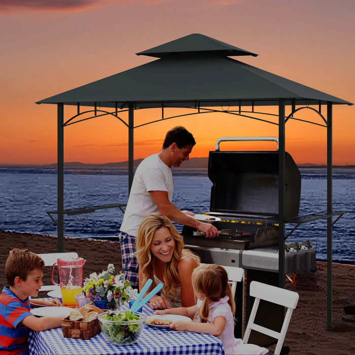 Costway 8’ X 5’ Grill Gazebo Avec 2 Etageres 7 Crochets Cadre En Metal Soft Top Gris