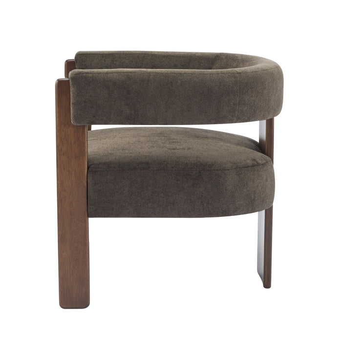Olivia Fauteuil d’appoint rembourre en velours avec dossier cylindrique et structure en bois de caoutchouc, marron fonce