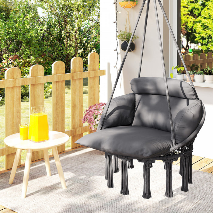 Outsunny Chaise Hamac Suspendue, Balancelle d'Exterieur Style Boheme avec Coussin, Gris