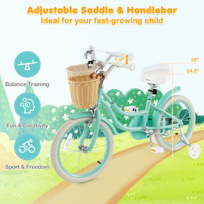 Costway 18\" Velo Enfant Avec Roues D'entrainement Reglable Guidon Siege Frein A Main Vert
